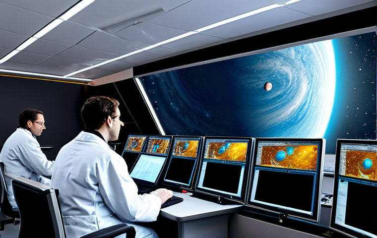 Exoplanet Discovery**
"An artist's rendering of a newly discovered exoplanet orbiting a distant star, potentially habitable zone, with swirling clouds and blue oceans, seen through a powerful space telescope. Scientists in lab coats analyze data on computer screens in the foreground. Fully clothed, professional environment, safe for work, appropriate content, perfect anatomy, correct proportions, family-friendly, high resolution."
**